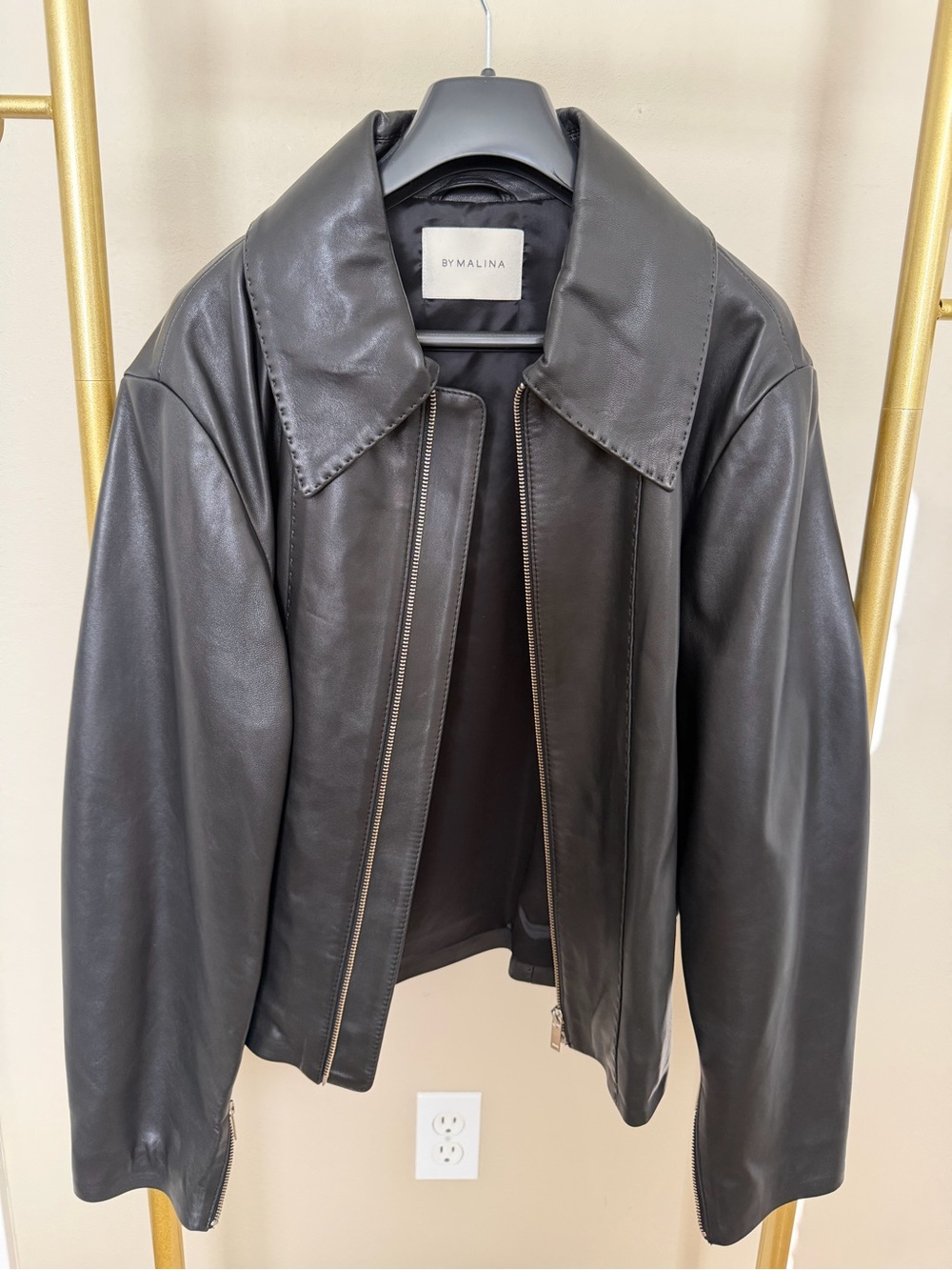 By Malina women’s Black Leather Zip-Front Jacket